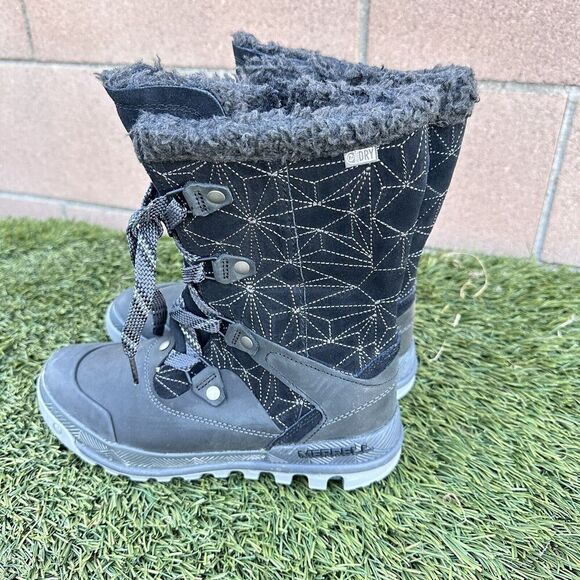 NWOB Women Mid Calf Merrell Silverspun Lace Up Waterproof Winter Boots Sz7.5Blk - Picture 3 of 10